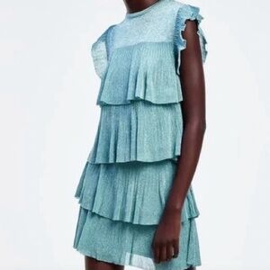 ZARA Blue Metallic Pleated Tiered Ruffle Top NWT - Size S